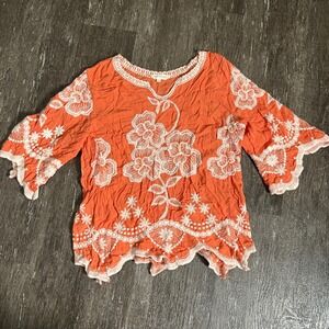 Solitaire Orange Embroidered Floral Bell Sleeve Top Boho Blouse Anthropologie